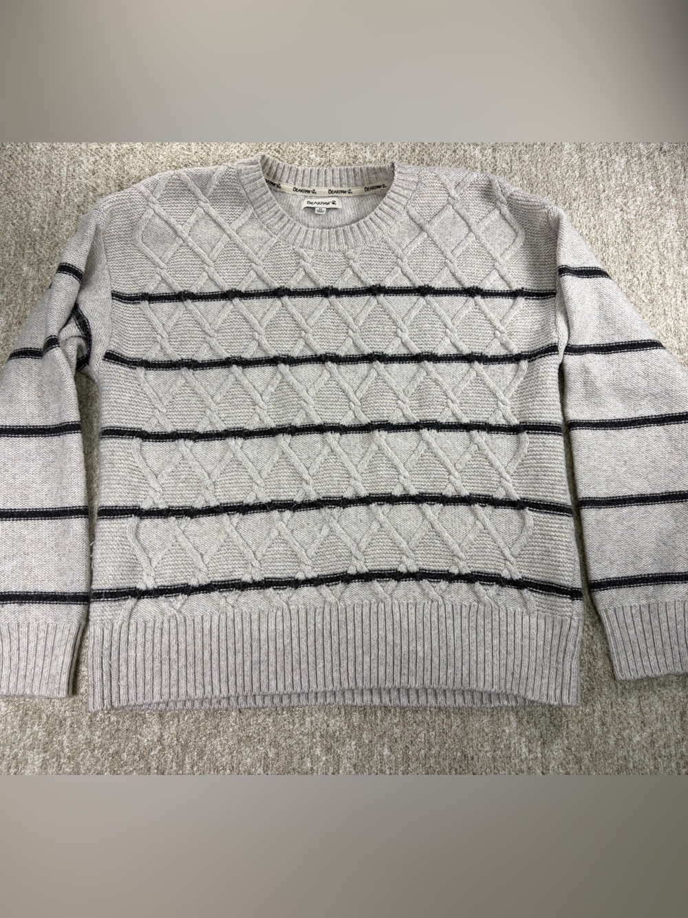 BearPaw Light Gray Crewneck Sweater with Black Stripes
